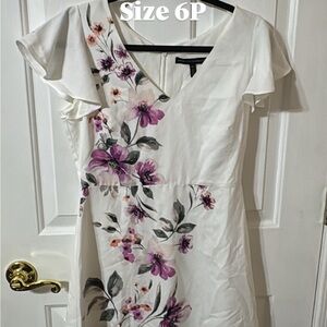 White Floral V-Neck Women's Dress with Purple Accents